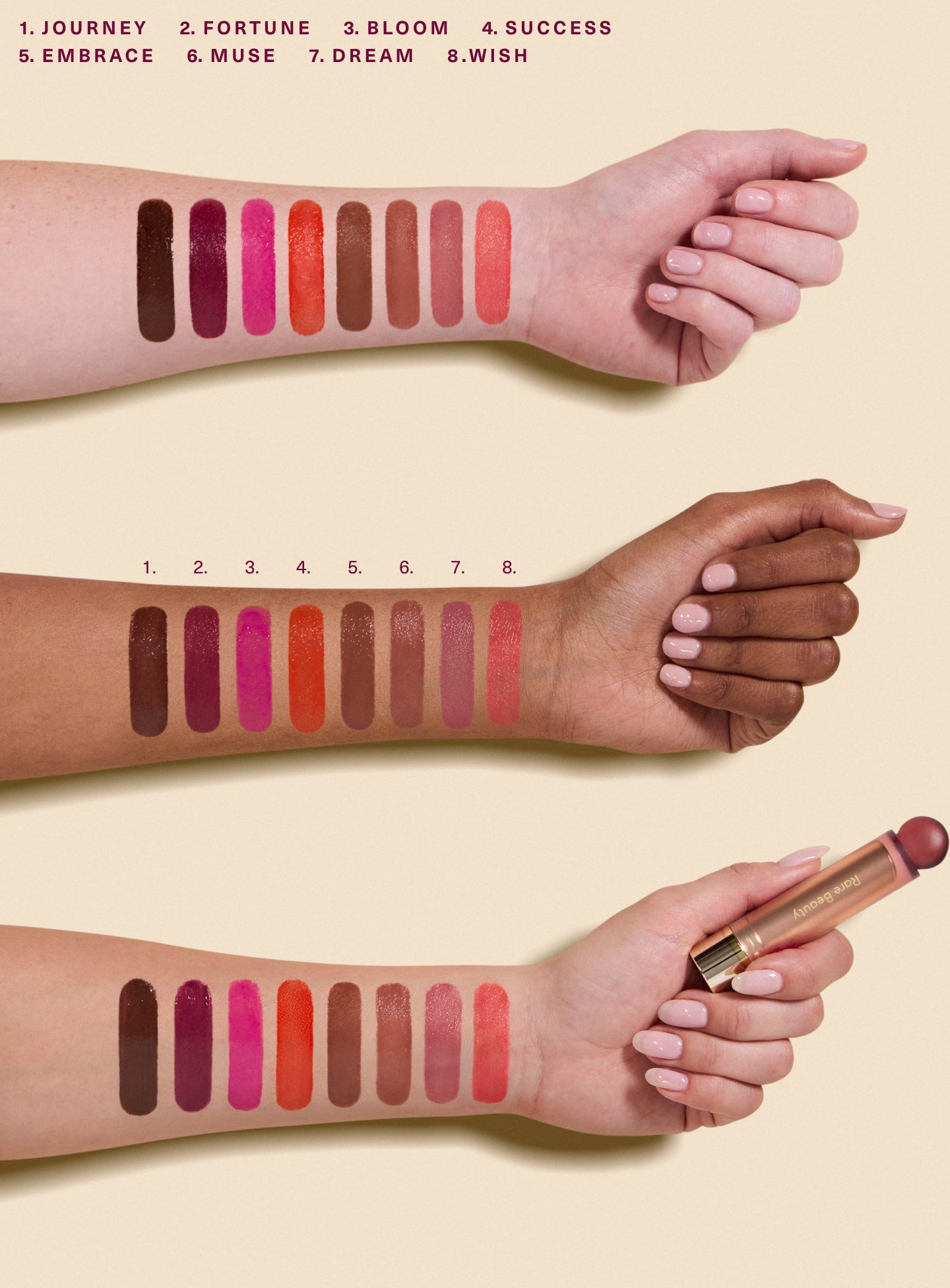 Eight Rare Beauty Soft Pinch Lip Oil Stick shade swatches on three skin tones