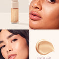 Two models of different skin tones demonstrate Rare Beauty's Positive Light Liquid Luminizer in the shade Exhilarate.