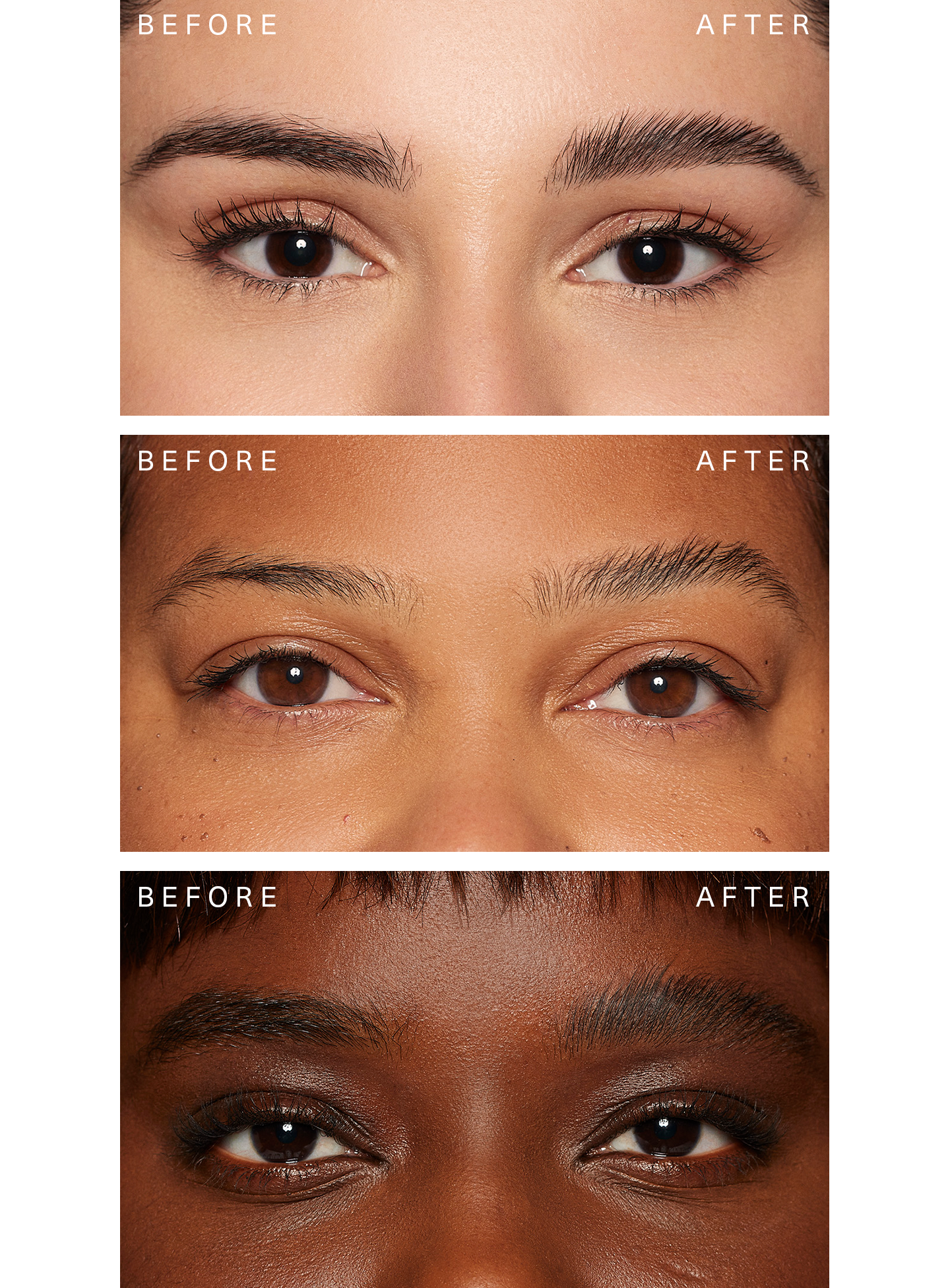 Three comparison photos of Rare Beauty's Brow Harmony Flexible Lifting Gel on different skin tones.