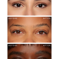Three comparison photos of Rare Beauty's Brow Harmony Flexible Lifting Gel on different skin tones.