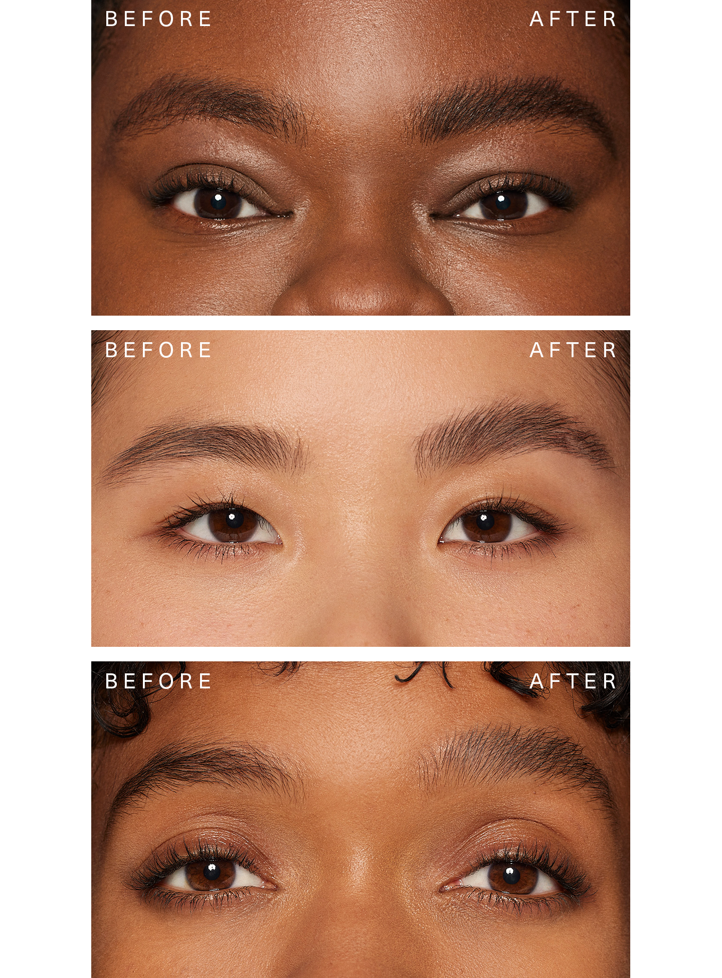 Rare Beauty's Brow Harmony Flexible Lifting Gel tested on three different skin tones.