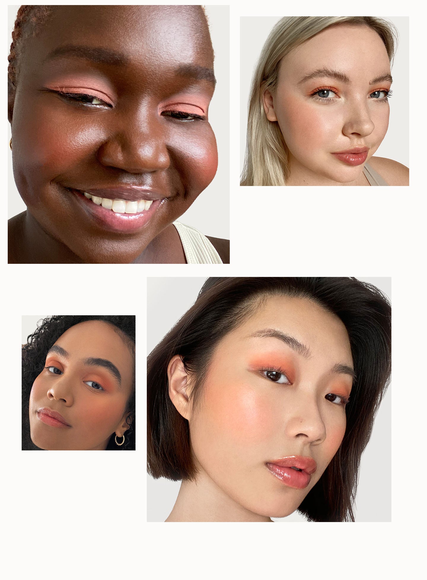 Models of different skin tones wear shade Nearly Apricot of Rare Beauty's Stay Vulnerable Melting Blush.