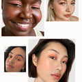 Models of different skin tones wear shade Nearly Apricot of Rare Beauty's Stay Vulnerable Melting Blush.